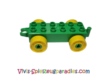 Lego Duplo car base 2 x 6 with yellow wheels with false screws and open clutch end (11248c01) light green